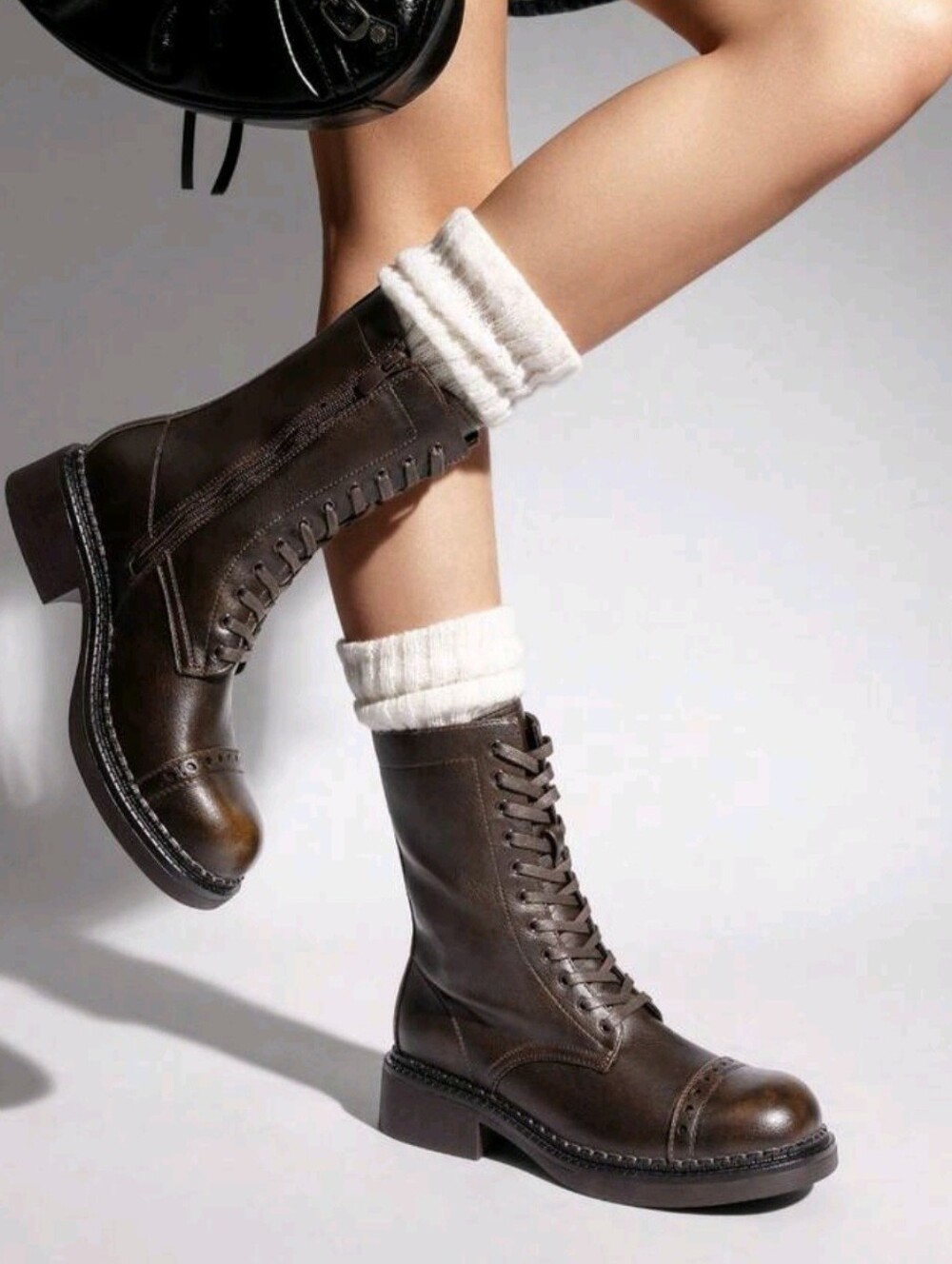 Women's Mid-Calf Boots Fashion Motorcycle Boots Square Toe Lace-Up Riding Brown